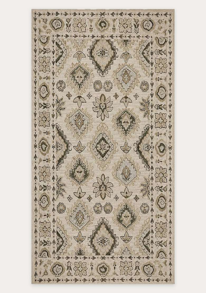 Saffron Rugs Beige Classic Geometric Hand Tufted Wool Rectangular Rug - Indya