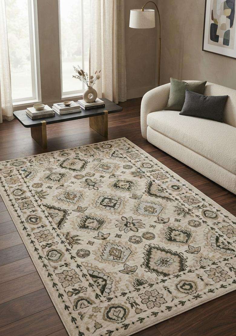Saffron Rugs Hand-Tufted 100% Wool Area Rug | Beige Rectangular Rug | Cotton Backing | Classic Geometric Carpet for Living Room - Indya