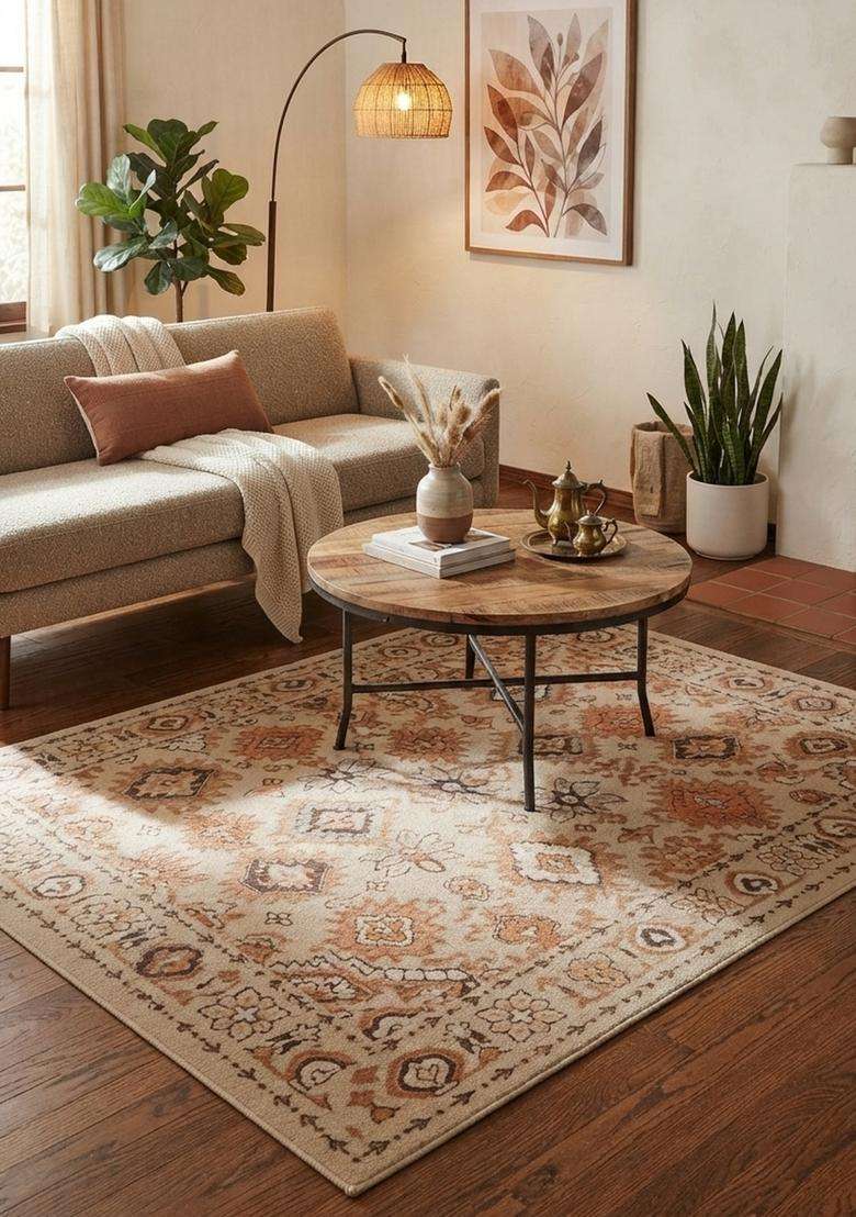 Saffron Rugs Beige Terracotta Oriental Geometric Hand Tufted Wool Rectangular Rug - Indya