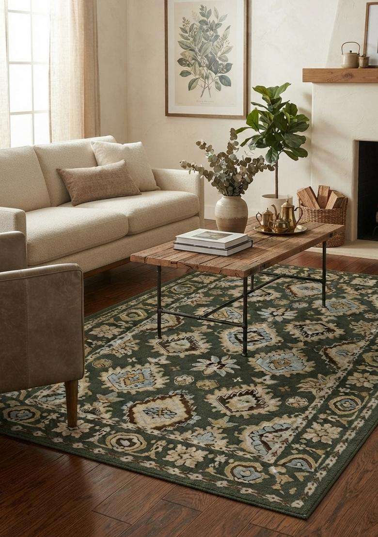 Saffron Rugs Hand-Tufted 100% Wool Area Rug | Olive Green Rectangular Rug | Cotton Backing | Oriental Geometric Carpet for Living Room - Indya