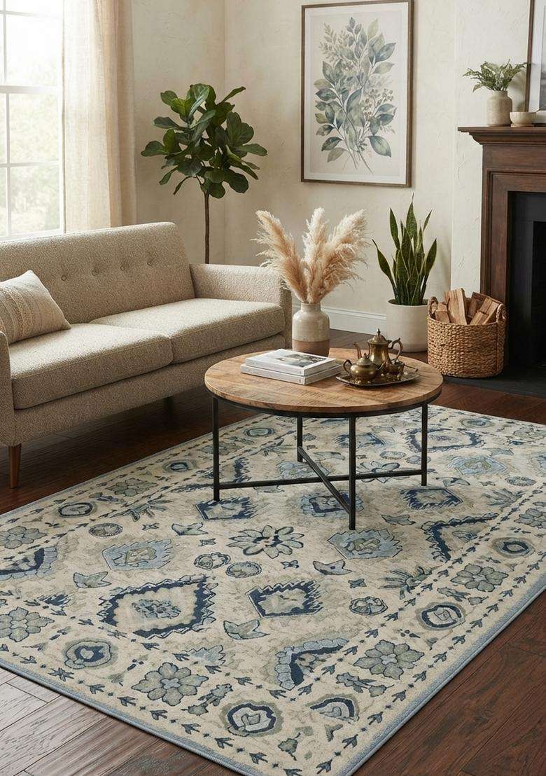 Saffron Rugs Hand-Tufted 100% Wool Area Rug | Light Blue Grey Rectangular Rug | Cotton Backing | Oriental Floral Carpet for Living Room - Indya