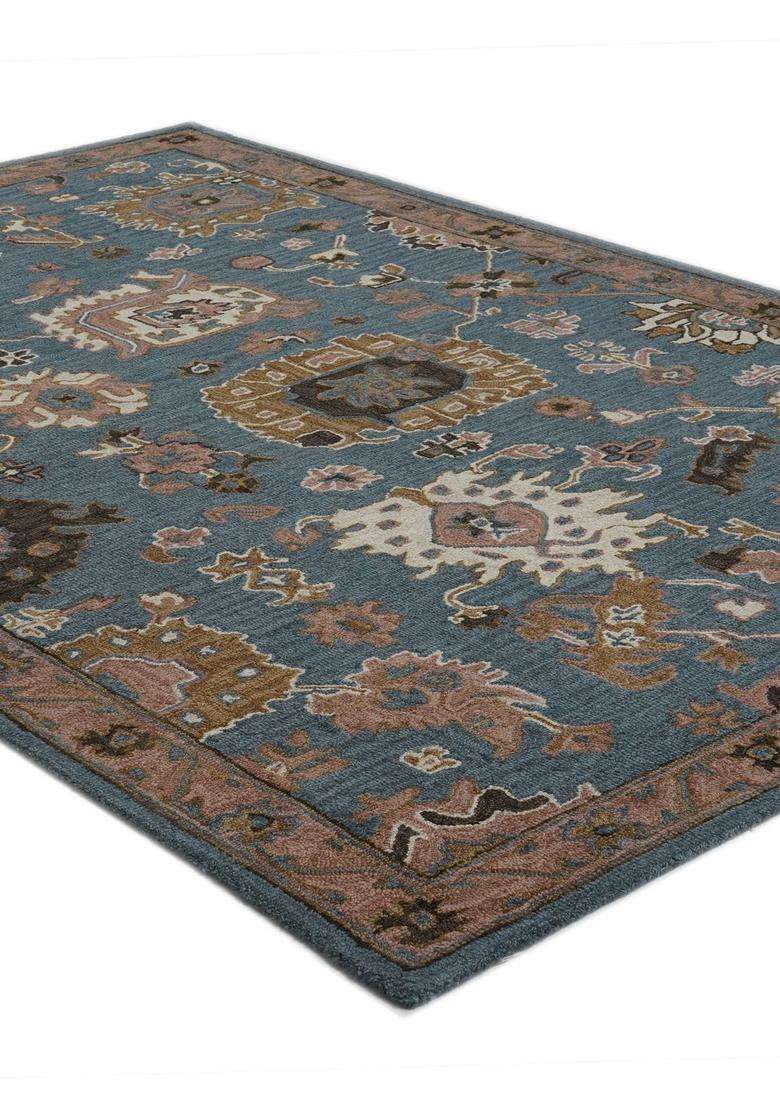 Saffron Rugs Hand-Tufted 100% Wool Area Rug | Steel Blue Rectangular Rug | Cotton Backing | Oriental Floral Carpet for Living Room - Indya