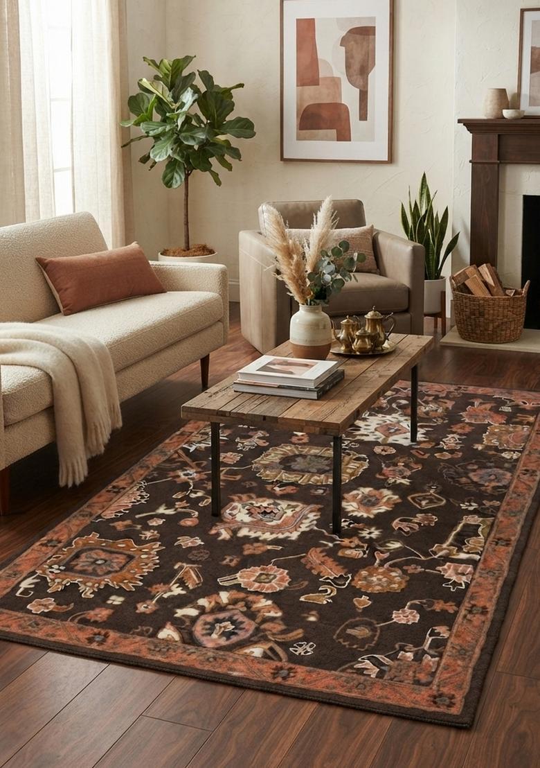 Saffron Rugs Dark Brown Oriental Floral Hand Tufted Wool Rectangular Rug - Indya