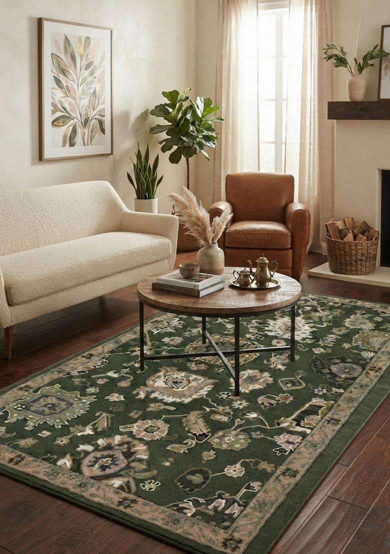 Saffron Rugs Hand-Tufted 100% Wool Area Rug | Dark Green Rectangular Rug | Cotton Backing | Oriental Floral Carpet for Living Room - Indya