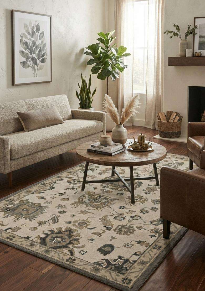 Saffron Rugs Hand-Tufted 100% Wool Area Rug | Ivory Rectangular Rug | Cotton Backing | Oriental Floral Carpet for Living Room - Indya
