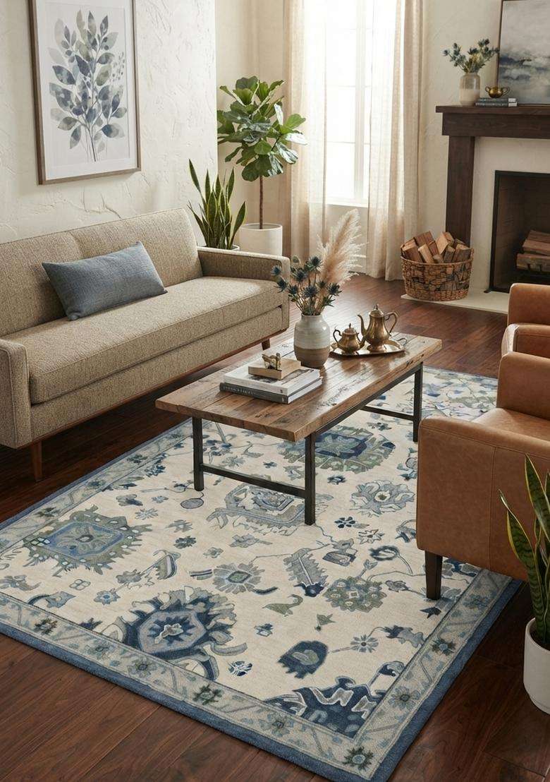Saffron Rugs Hand-Tufted 100% Wool Area Rug | Ivory Blue Rectangular Rug | Cotton Backing | Oriental Floral Carpet for Living Room - Indya