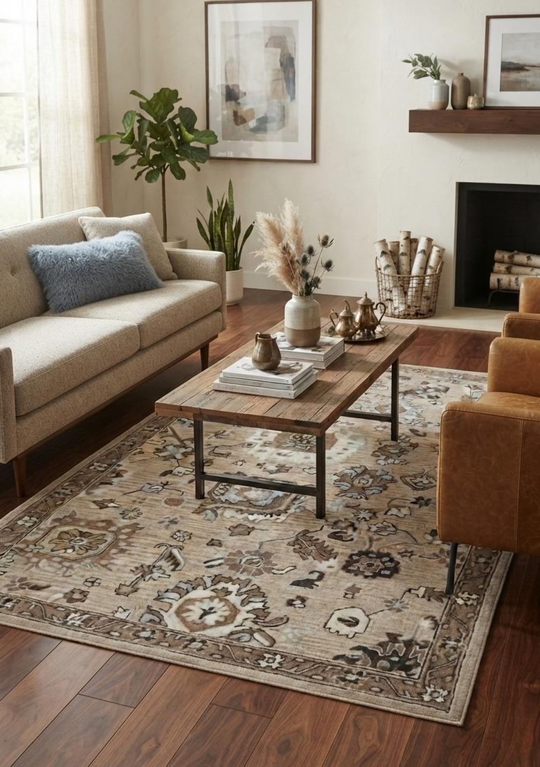 Saffron Rugs Beige Brown Oriental Floral Hand Tufted Wool Rectangular Rug - Indya