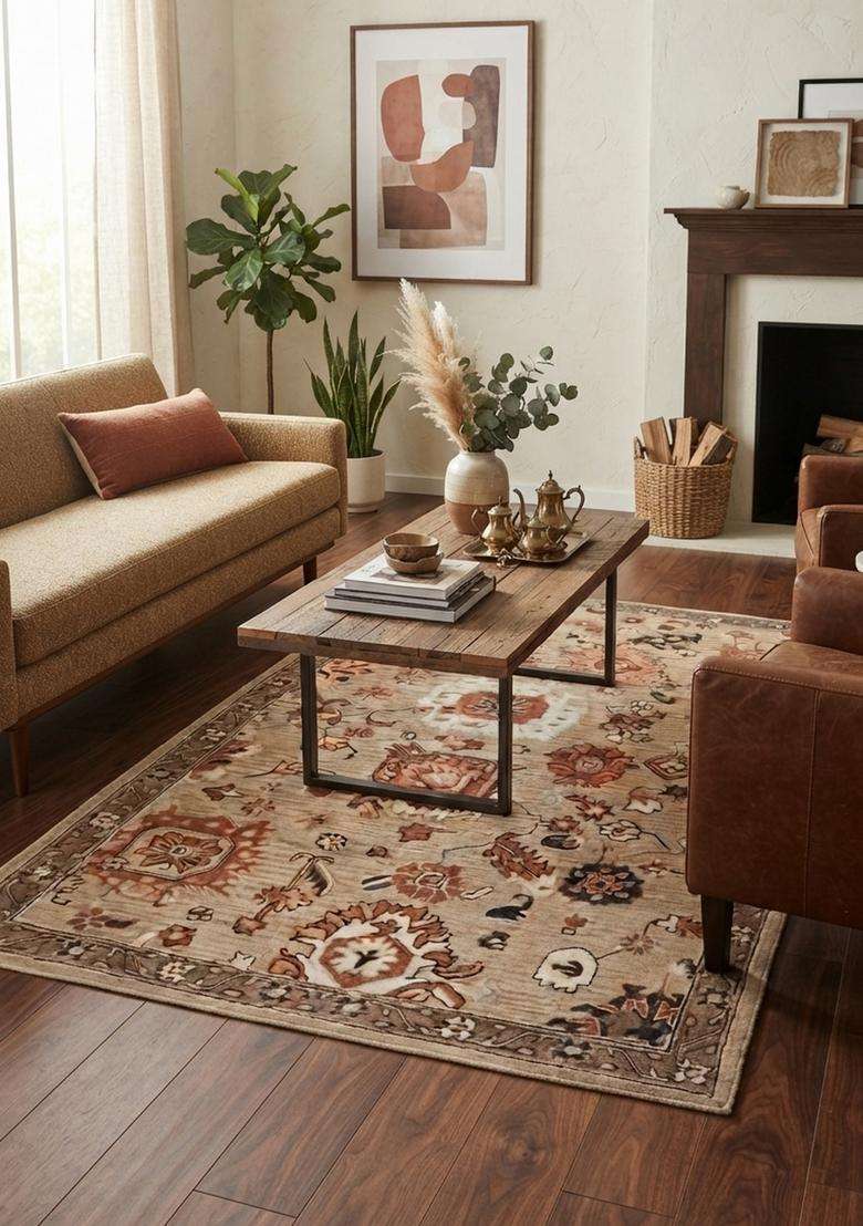 Saffron Rugs Beige Oriental Floral Hand Tufted Wool Rectangular Rug - Indya