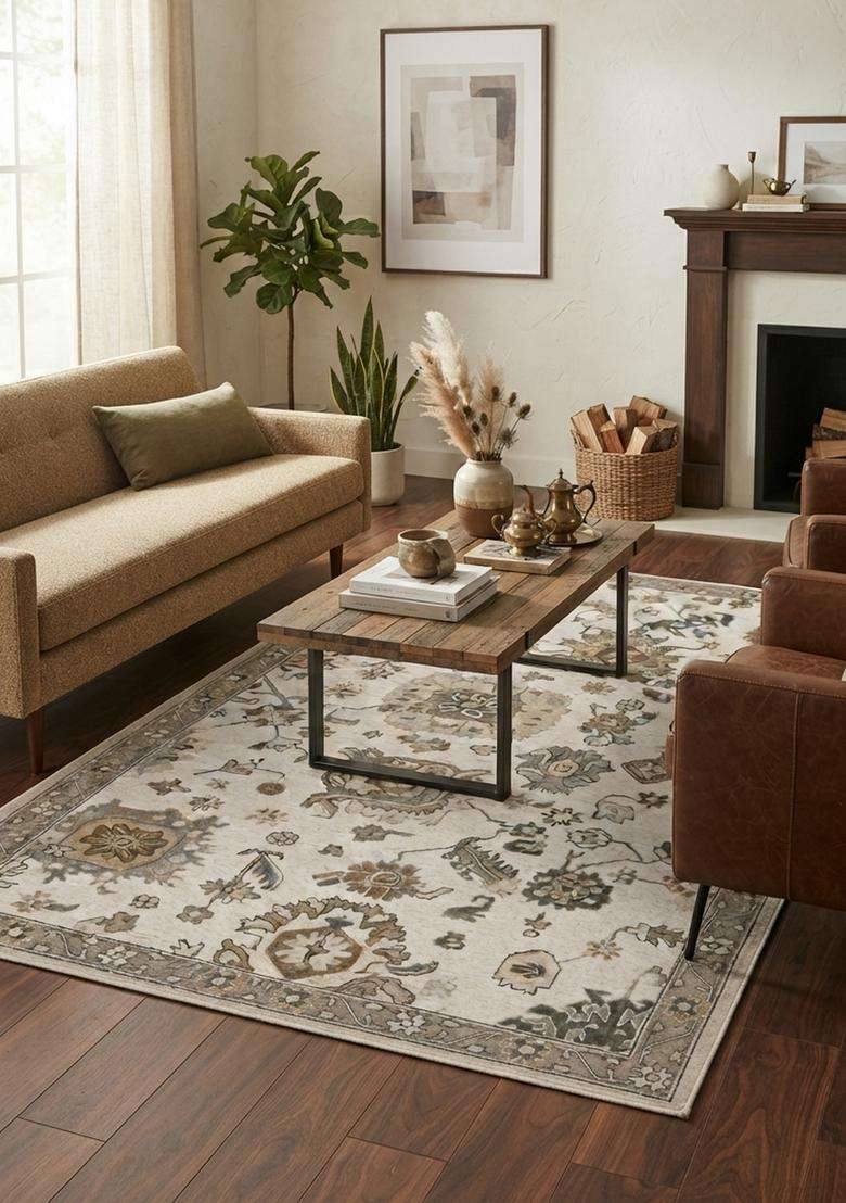 Saffron Rugs Hand-Tufted 100% Wool Area Rug | Ivory Beige Rectangular Rug | Cotton Backing | Classic Floral Carpet for Living Room - Indya