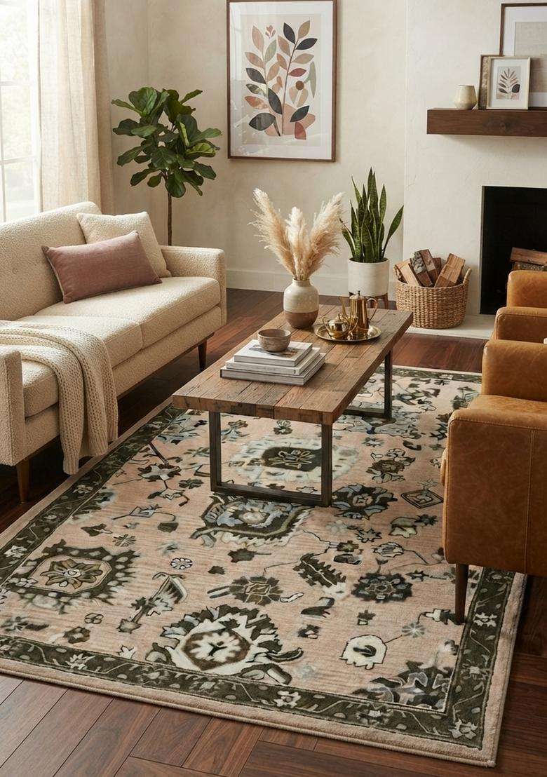 Saffron Rugs Hand-Tufted 100% Wool Area Rug | Beige Green Rectangular Rug | Cotton Backing | Oriental Floral Carpet for Living Room - Indya