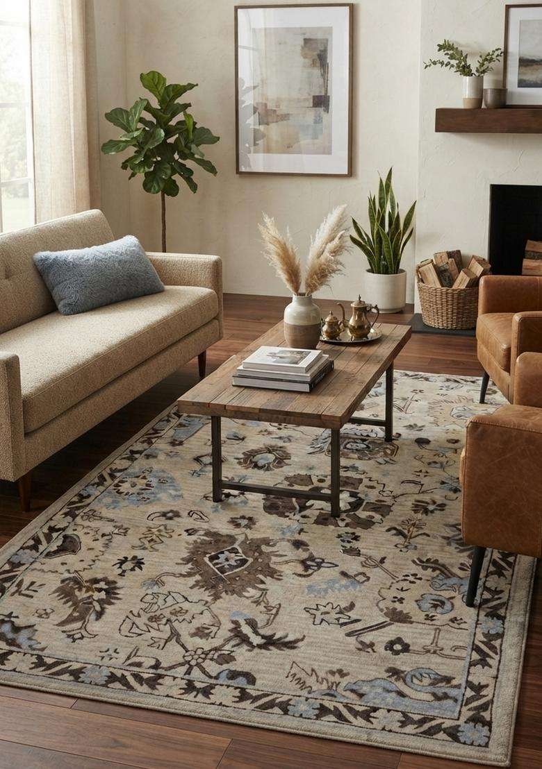 Saffron Rugs Hand-Tufted 100% Wool Area Rug | Beige Rectangular Rug | Cotton Backing | Oriental Floral Carpet for Living Room - Indya