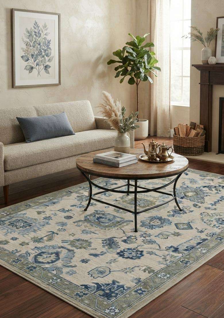 Saffron Rugs Ivory Blue Oriental Floral Hand Tufted Wool Rectangular Rug - Indya
