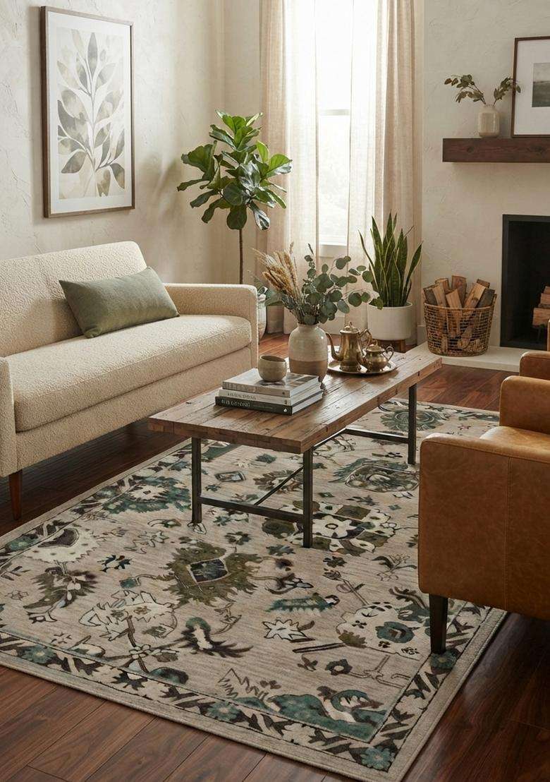 Saffron Rugs Hand-Tufted 100% Wool Area Rug | Beige Green Rectangular Rug | Cotton Backing | Transitional Floral Carpet for Living Room - Indya