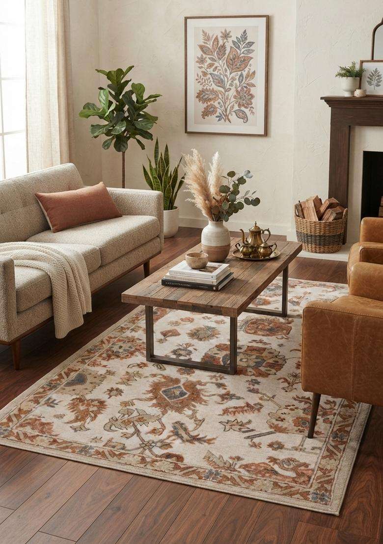 Saffron Rugs Hand-Tufted 100% Wool Area Rug | Ivory Rust Rectangular Rug | Cotton Backing | Oriental Floral Carpet for Living Room - Indya