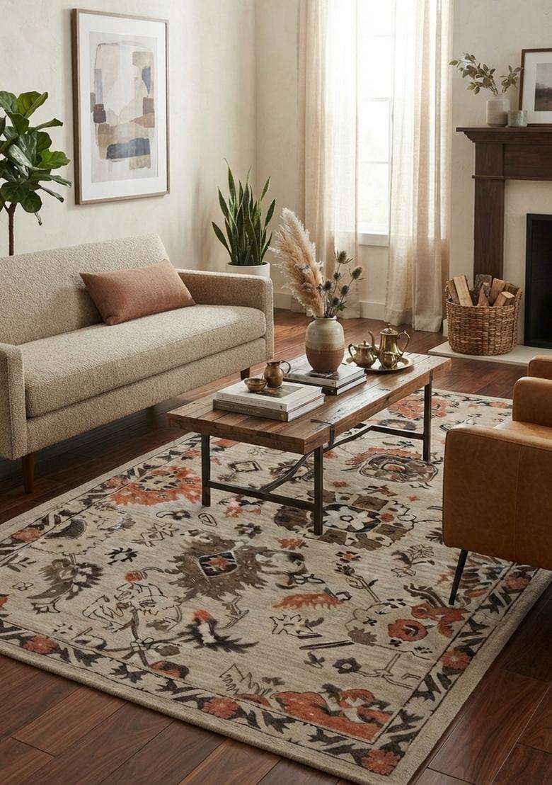 Saffron Rugs Hand-Tufted 100% Wool Area Rug | Beige Rectangular Rug | Cotton Backing | Oriental Floral Carpet for Living Room - Indya