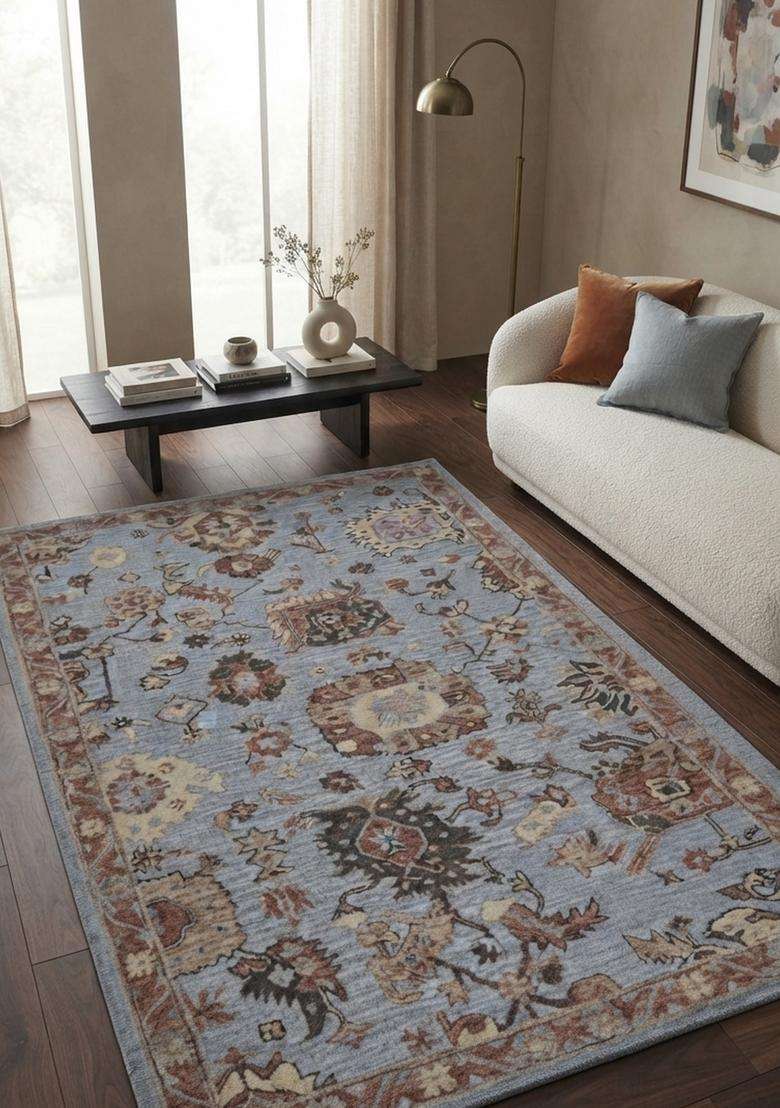 Saffron Rugs Hand-Tufted 100% Wool Area Rug | Steel Blue Rectangular Rug | Cotton Backing | Oriental Floral Carpet for Living Room - Indya
