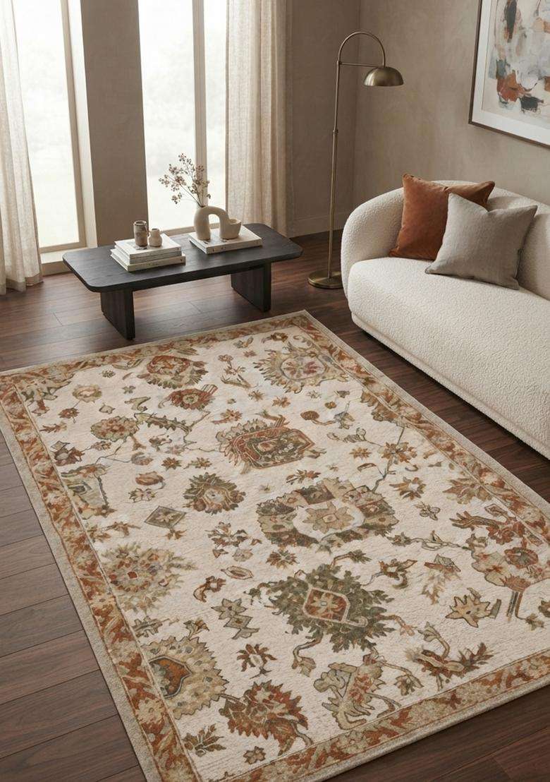Saffron Rugs Hand-Tufted 100% Wool Area Rug | Ivory Cream Rectangular Rug | Cotton Backing | Oriental Floral Carpet for Living Room - Indya