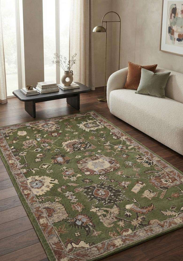 Saffron Rugs Hand-Tufted 100% Wool Area Rug | Olive Green Rectangular Rug | Cotton Backing | Oriental Floral Carpet for Living Room - Indya