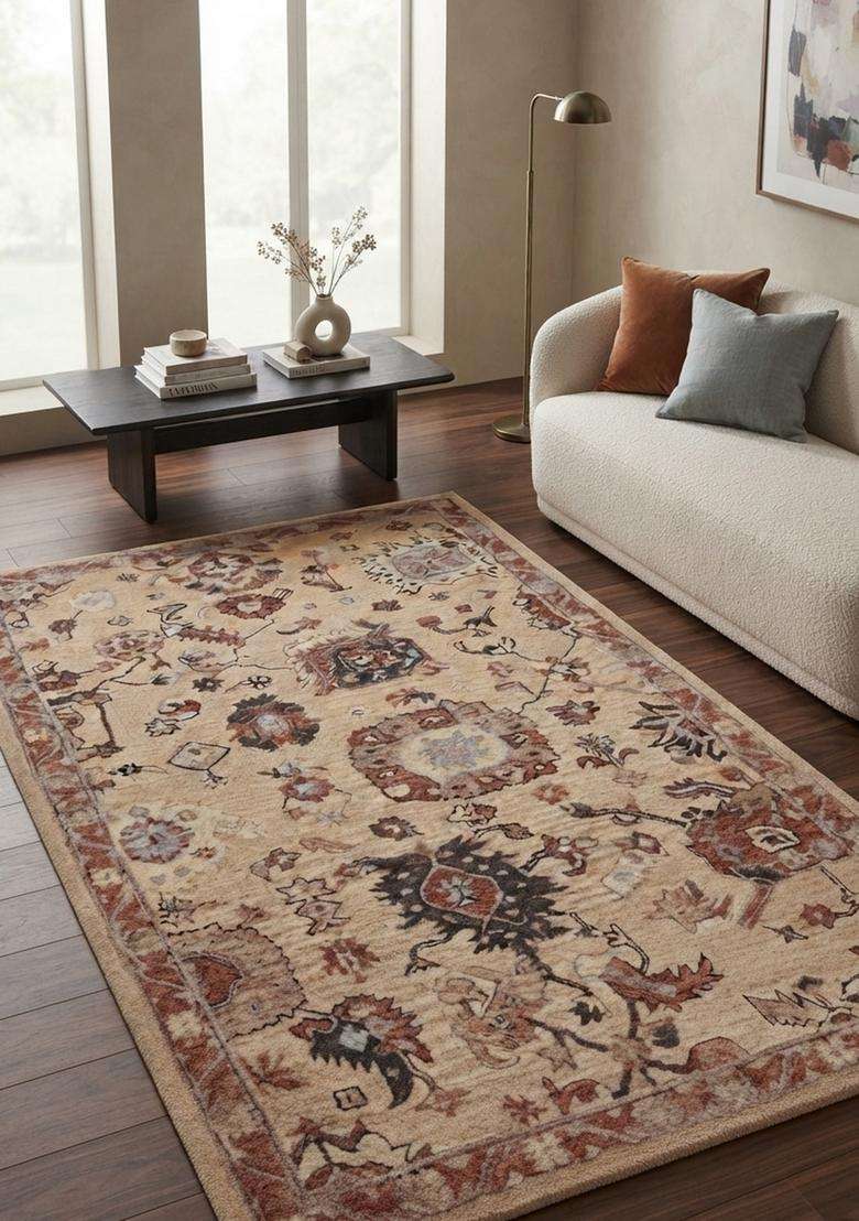 Saffron Rugs Hand-Tufted 100% Wool Area Rug | Warm Beige Rectangular Rug | Cotton Backing | Oriental Floral Carpet for Living Room - Indya