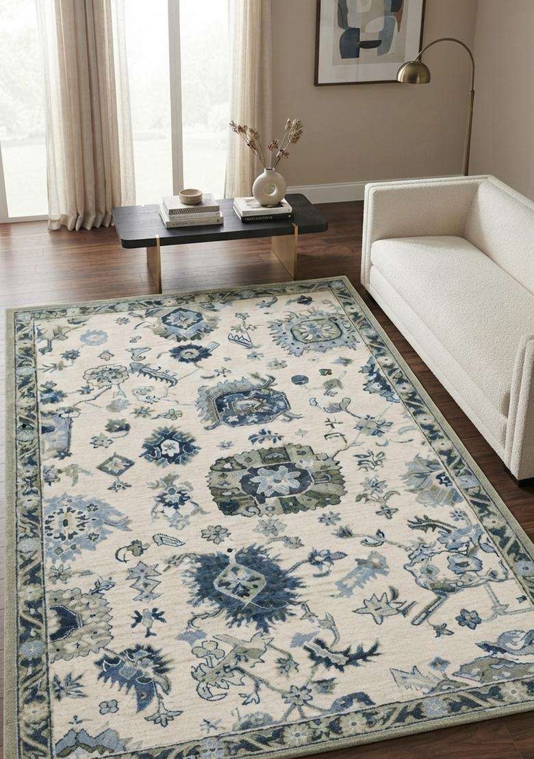 Saffron Rugs Hand-Tufted 100% Wool Area Rug | Ivory Blue Rectangular Rug | Cotton Backing | Oriental Floral Carpet for Living Room - Indya