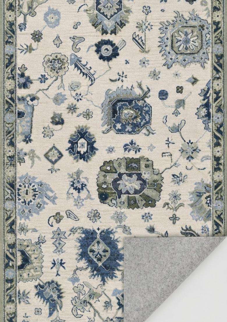 Saffron Rugs Ivory Blue Oriental Floral Hand Tufted Wool Rectangular Rug - Indya