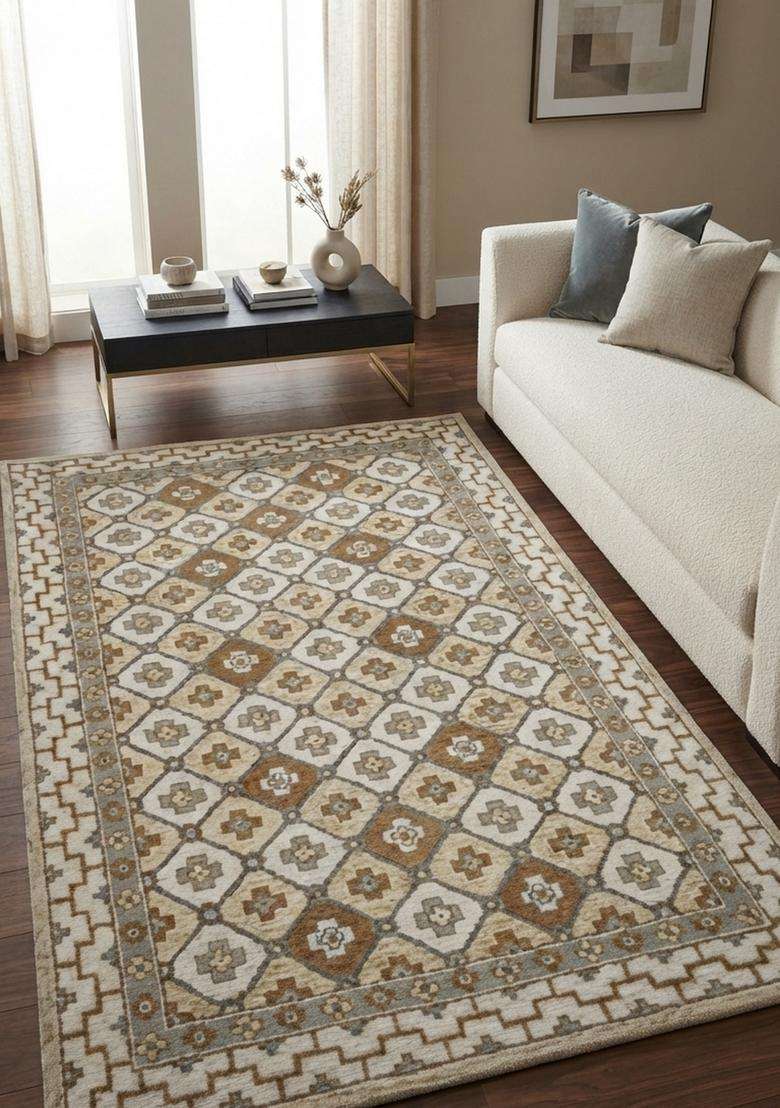 Saffron Rugs Hand-Tufted 100% Wool Area Rug | Beige Gold Rectangular Rug | Cotton Backing | Classic Trellis Carpet for Living Room - Indya