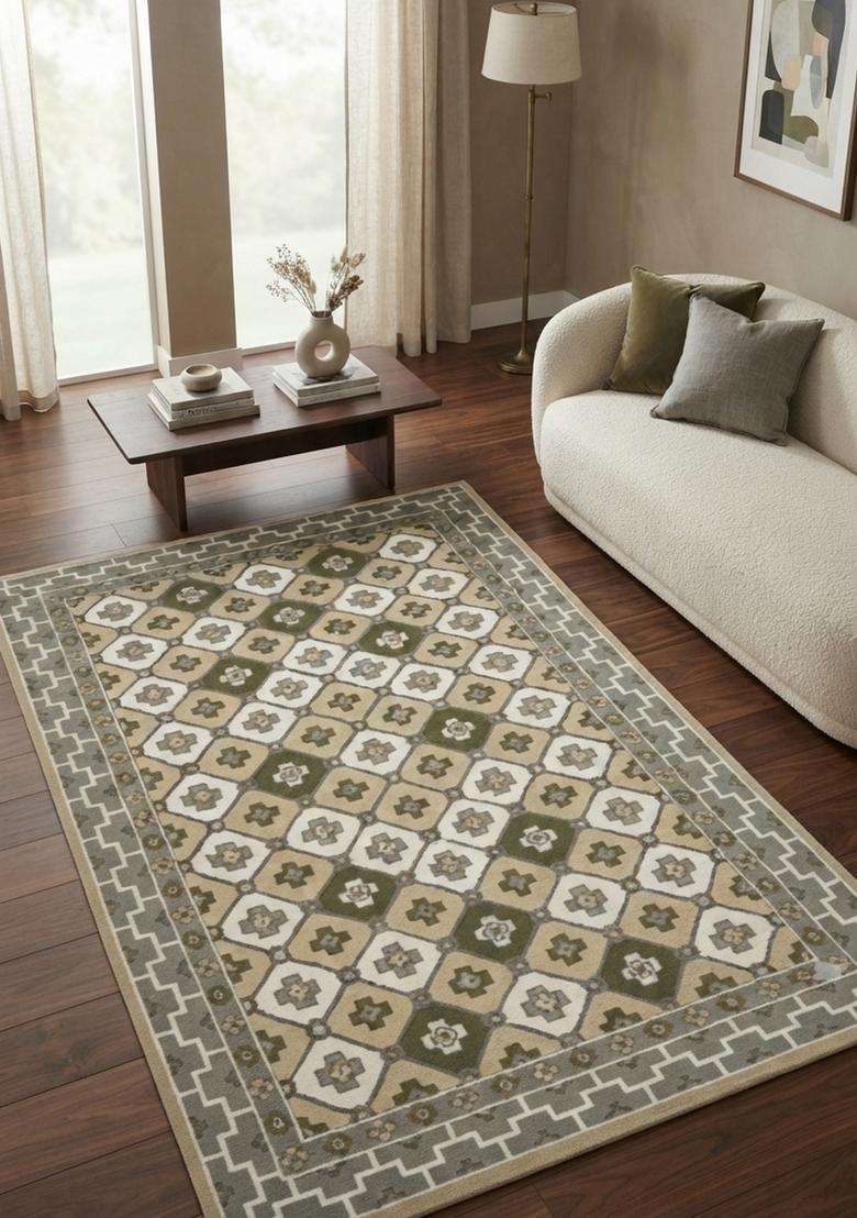 Saffron Rugs Hand-Tufted 100% Wool Area Rug | Olive Green Beige Rectangular Rug | Cotton Backing | Classic Geometric Carpet for Living Room - Indya