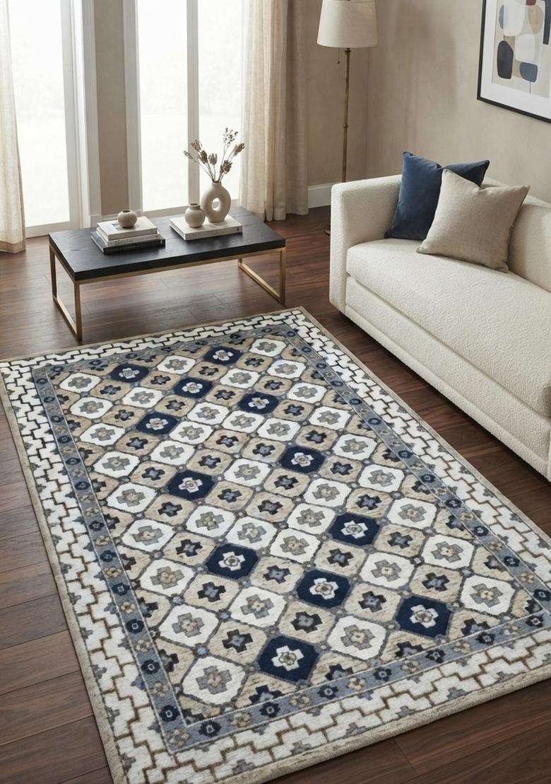 Saffron Rugs Hand-Tufted 100% Wool Area Rug | Blue Beige White Rectangular Rug | Cotton Backing | Classic Geometric Carpet for Living Room - Indya