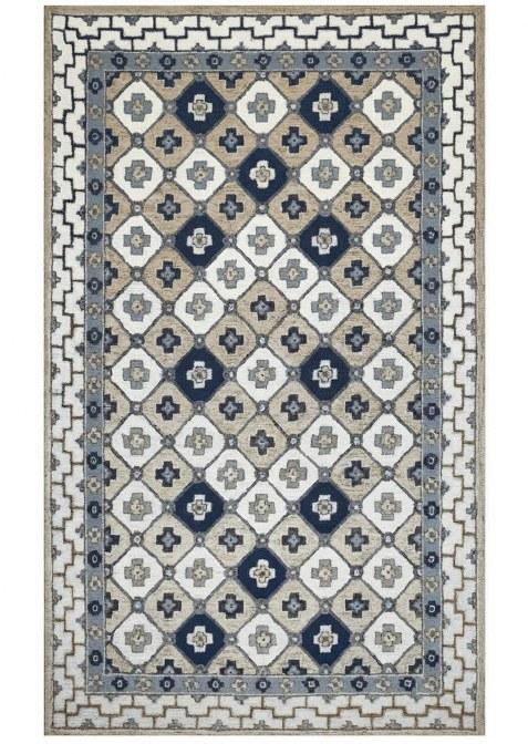 Saffron Rugs Hand-Tufted 100% Wool Area Rug | Blue Beige White Rectangular Rug | Cotton Backing | Classic Geometric Carpet for Living Room