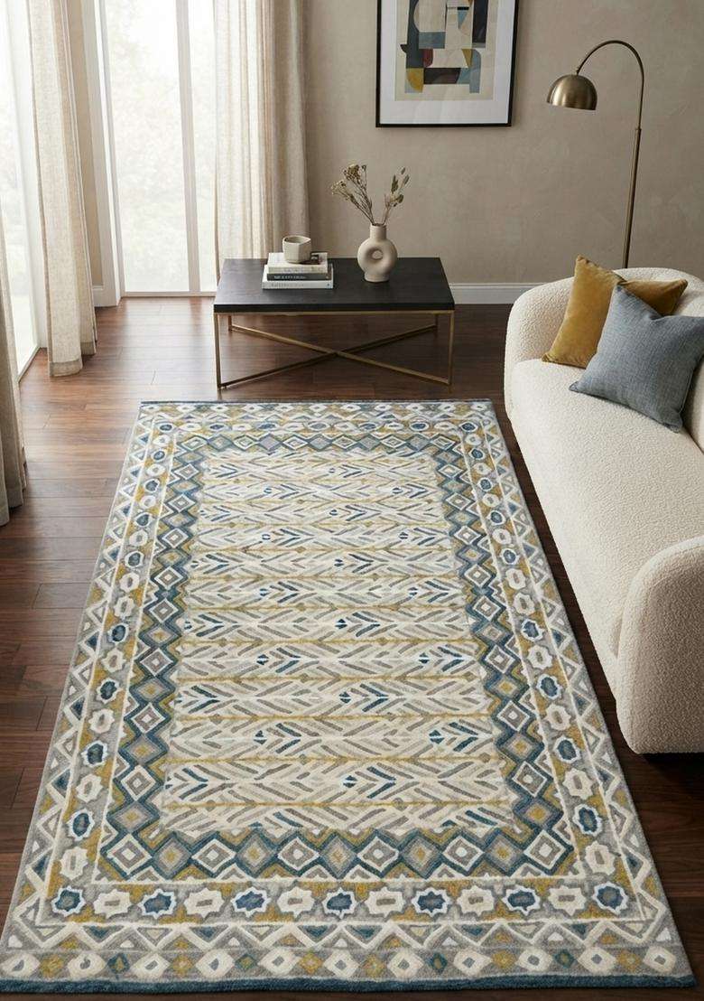 Saffron Rugs Hand-Tufted 100% Wool Area Rug | Ivory Blue Yellow Rectangular Rug | Cotton Backing | Bohemian Geometric Carpet for Living Room - Indya