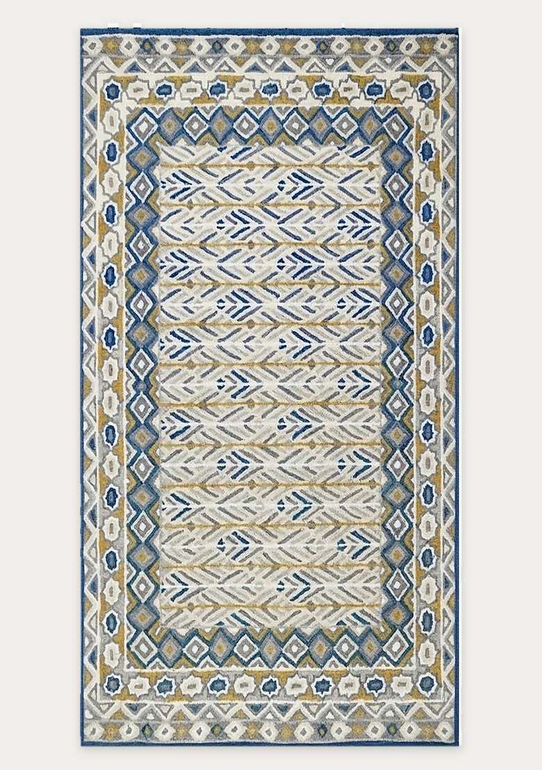 Saffron Rugs Hand-Tufted 100% Wool Area Rug | Blue and Gold Rectangular Rug | Cotton Backing | Bohemian Geometric Carpet for Living Room - Indya