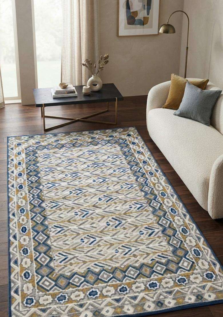 Saffron Rugs Blue Bohemian Geometric Hand Tufted Wool Rectangular Rug - Indya