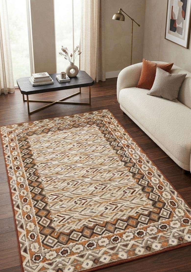Saffron Rugs Beige Bohemian Geometric Hand Tufted Wool Rectangular Rug - Indya