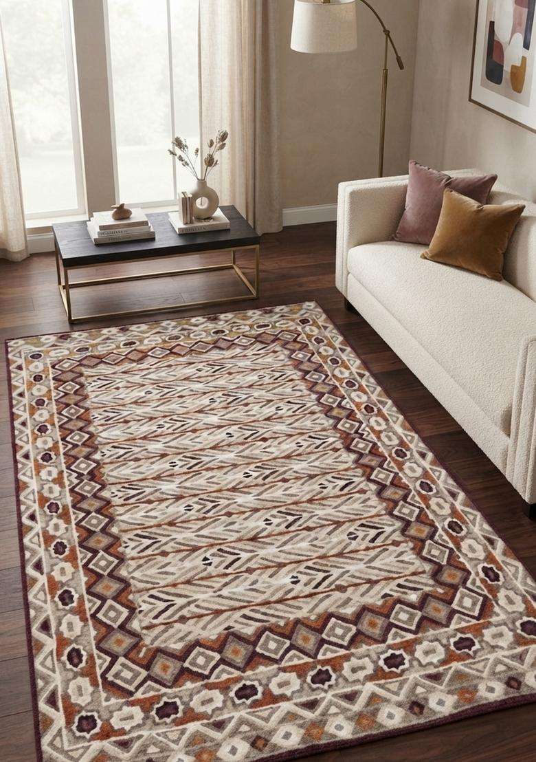 Saffron Rugs Hand-Tufted 100% Wool Area Rug | Beige Rectangular Rug | Cotton Backing | Bohemian Geometric Carpet for Living Room - Indya
