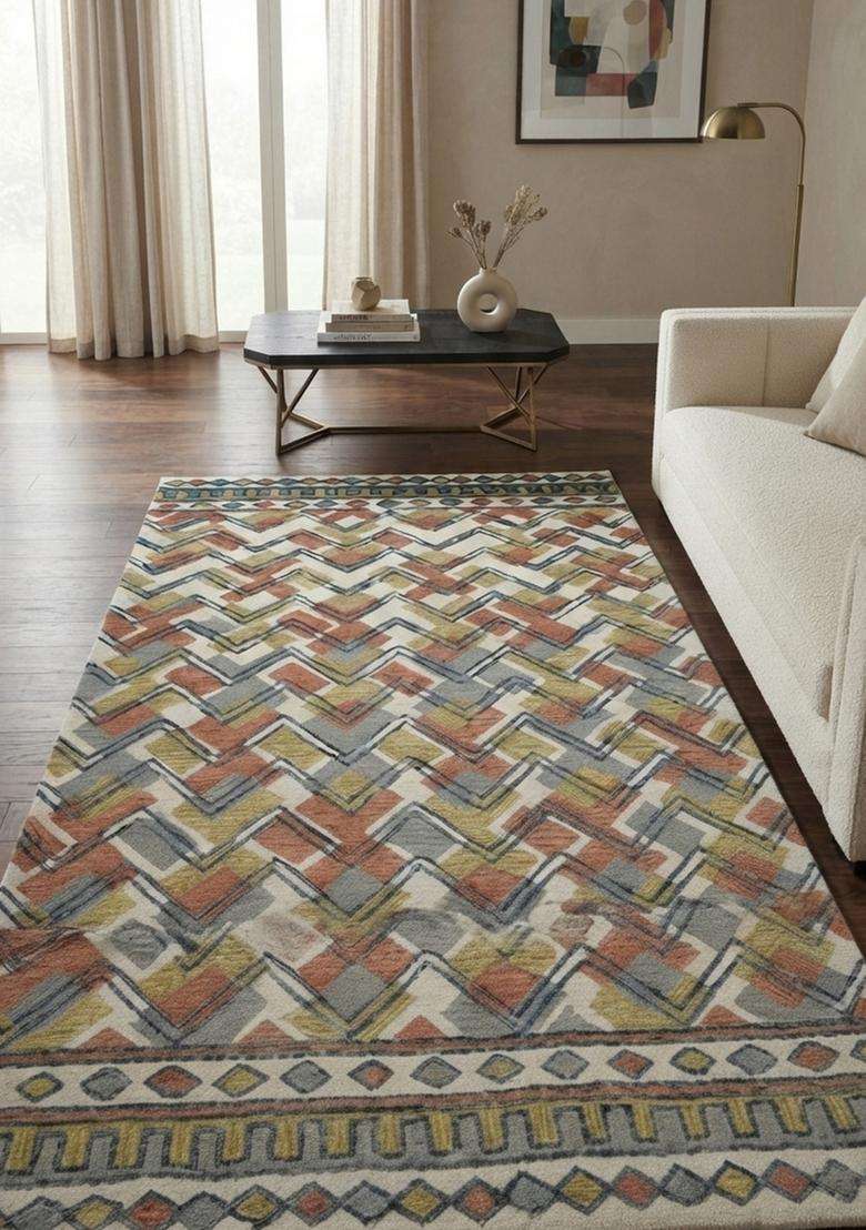 Saffron Rugs Brown Grey Multicolor Bohemian Chevron Hand Tufted Wool Rectangular Rug - Indya