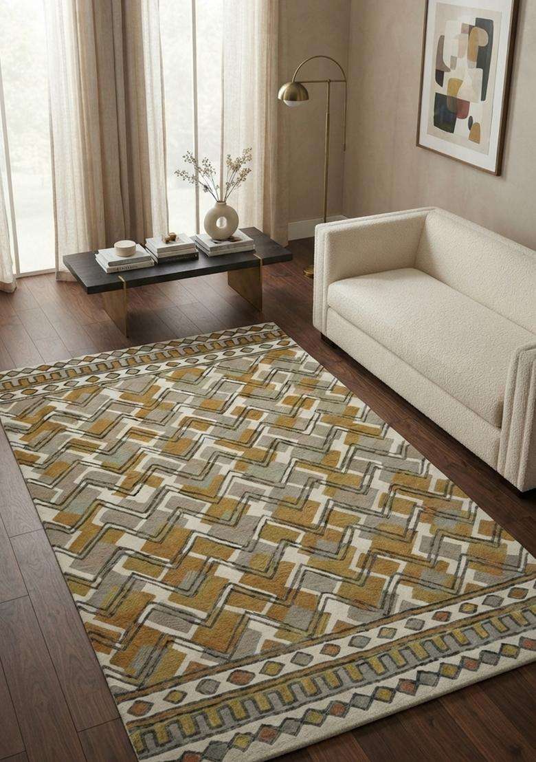 Saffron Rugs Hand-Tufted 100% Wool Area Rug | Gold Grey Beige Rectangular Rug | Cotton Backing | Bohemian Geometric Carpet for Living Room - Indya