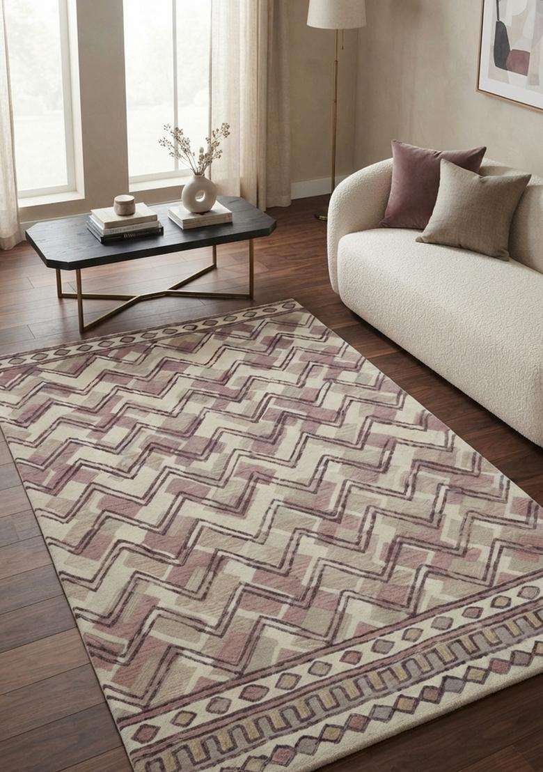 Saffron Rugs Hand-Tufted 100% Wool Area Rug | Mauve Purple Rectangular Rug | Cotton Backing | Bohemian Chevron Carpet for Living Room - Indya