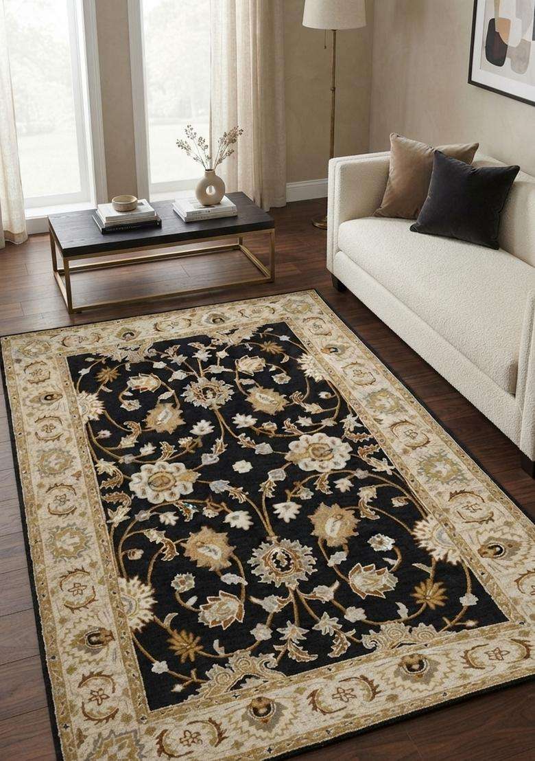 Saffron Rugs Hand-Tufted 100% Wool Area Rug | Black Ivory Floral Rectangular Rug | Cotton Backing | Oriental Floral Carpet for Living Room - Indya