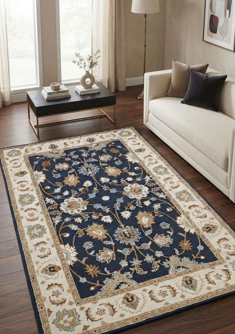 Saffron Rugs Hand-Tufted 100% Wool Area Rug | Navy Blue Rectangular Rug | Cotton Backing | Oriental Floral Carpet for Living Room - Indya