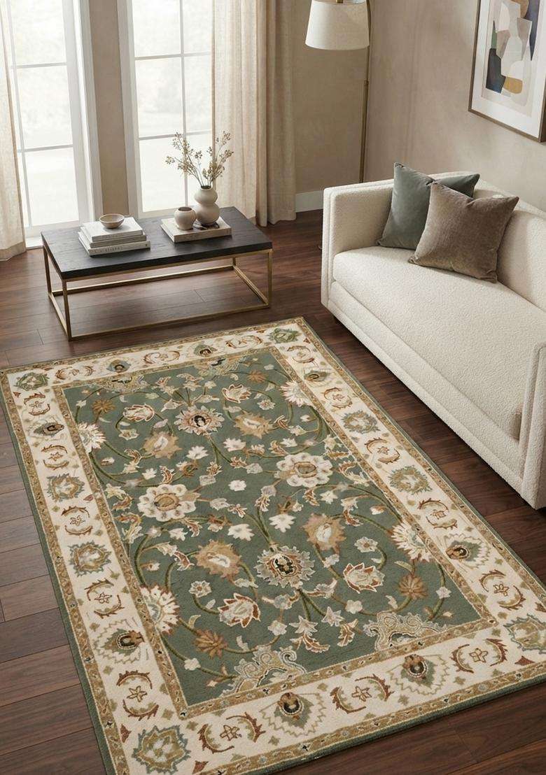 Saffron Rugs Hand-Tufted 100% Wool Area Rug | Sage Green Rectangular Rug | Cotton Backing | Oriental Floral Carpet for Living Room - Indya