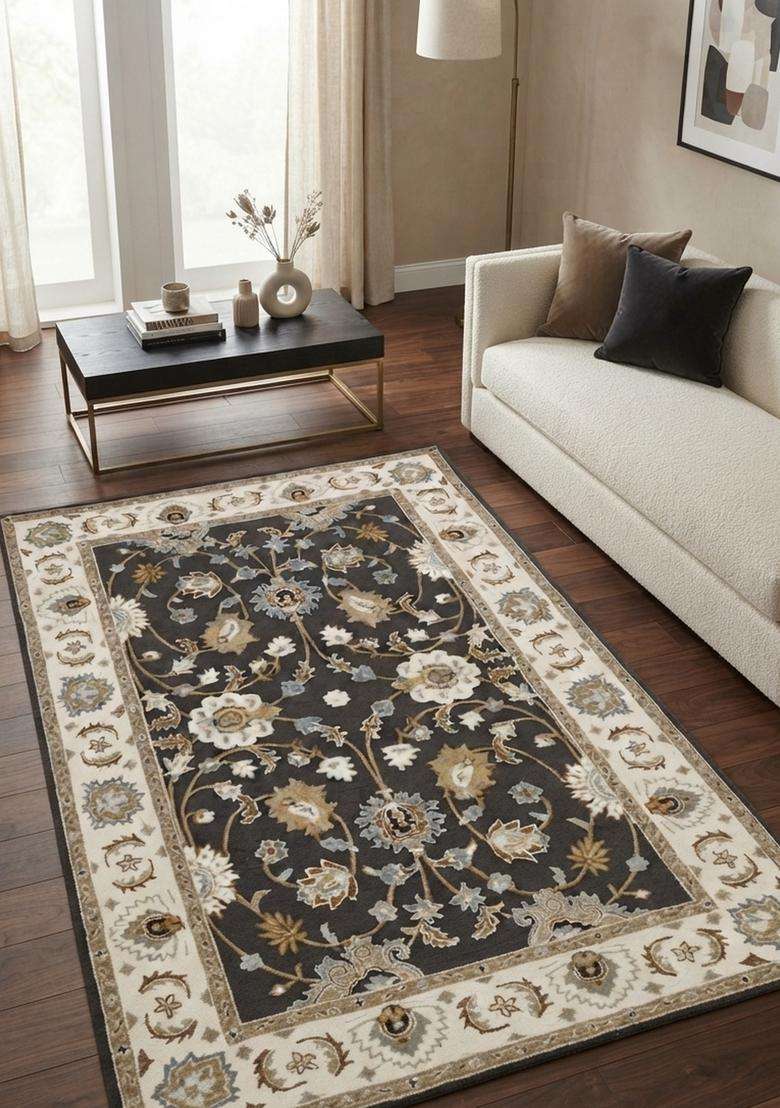 Saffron Rugs Hand-Tufted 100% Wool Area Rug | Charcoal Grey Rectangular Rug | Cotton Backing | Oriental Floral Carpet for Living Room - Indya