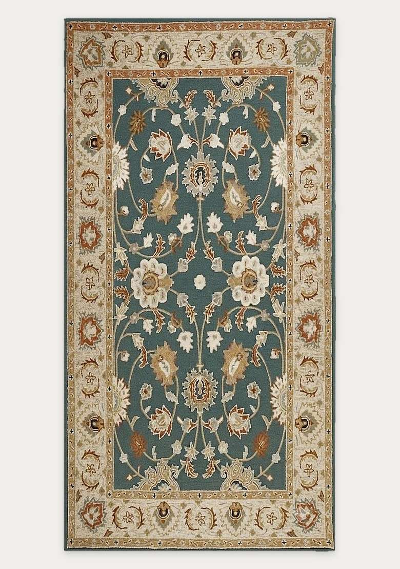 Saffron Rugs Teal Blue Oriental Floral Hand Tufted Wool Rectangular Rug - Indya