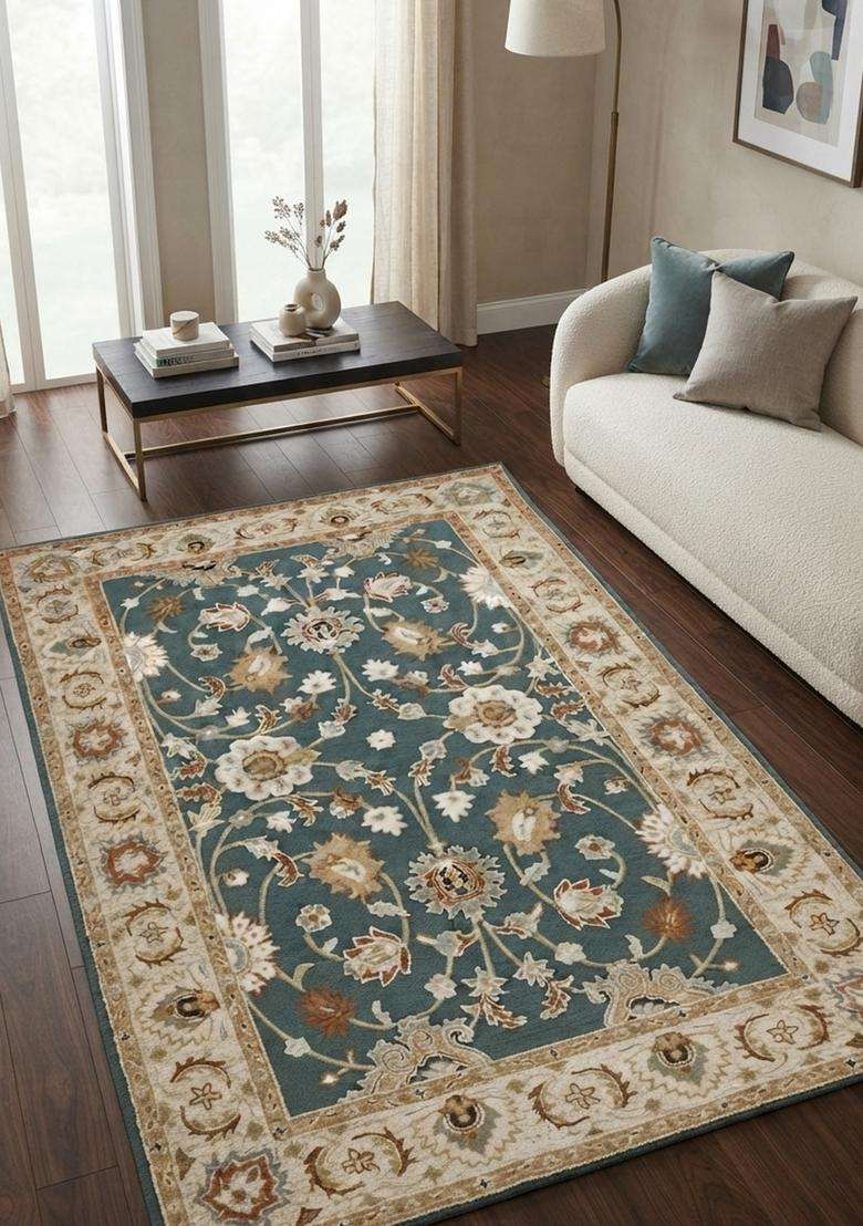 Saffron Rugs Hand-Tufted 100% Wool Area Rug | Teal Blue Rectangular Rug | Cotton Backing | Oriental Floral Carpet for Living Room - Indya