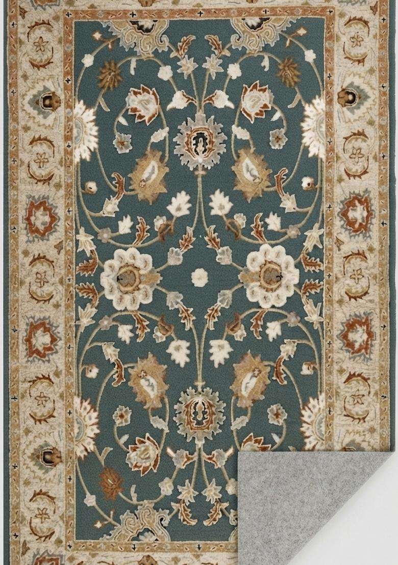 Saffron Rugs Teal Blue Oriental Floral Hand Tufted Wool Rectangular Rug - Indya