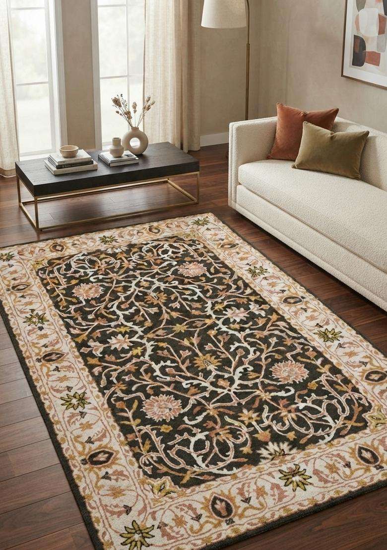 Saffron Rugs Hand-Tufted 100% Wool Area Rug | Dark Olive Green Rectangular Rug | Cotton Backing | Oriental Floral Carpet for Living Room - Indya