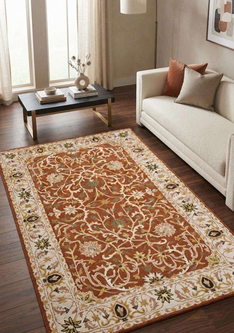 Saffron Rugs Hand-Tufted 100% Wool Area Rug | Rust Orange Rectangular Rug | Cotton Backing | Oriental Floral Carpet for Living Room - Indya