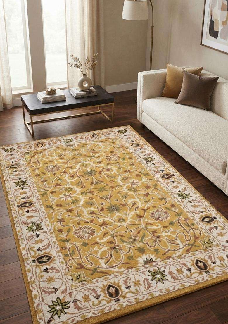 Saffron Rugs Hand-Tufted 100% Wool Area Rug | Golden Yellow Rectangular Rug | Cotton Backing | Oriental Floral Carpet for Living Room - Indya