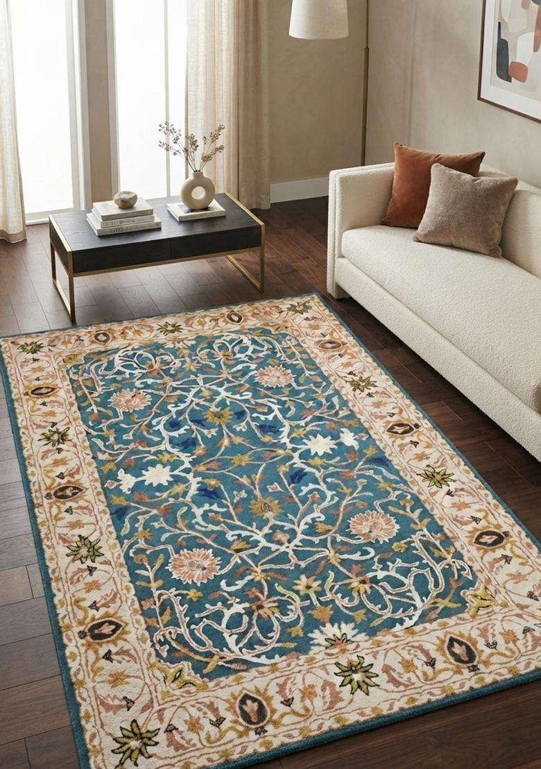 Saffron Rugs Hand-Tufted 100% Wool Area Rug | Teal Blue Rectangular Rug | Cotton Backing | Oriental Floral Carpet for Living Room - Indya