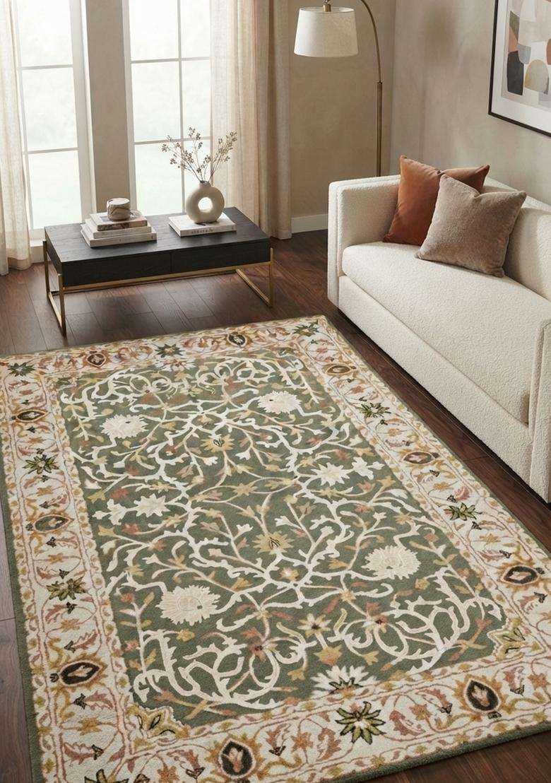 Saffron Rugs Sage Green Oriental Floral Hand Tufted Wool Rectangular Rug - Indya