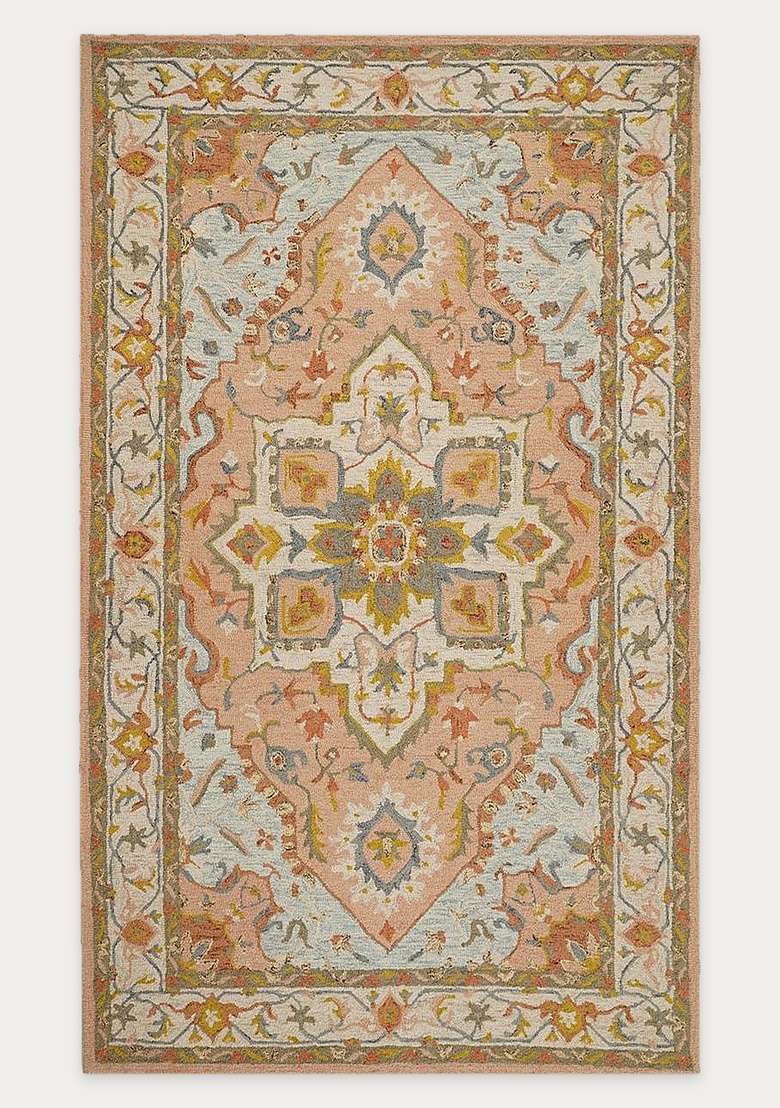 Saffron Rugs Peach Pink Oriental Floral Hand Tufted Wool Rectangular Rug - Indya